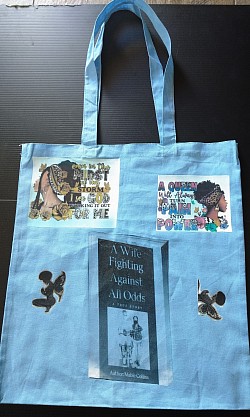 Baby blue tote bag 10oz $15.00 with one image $4.00 each additional image